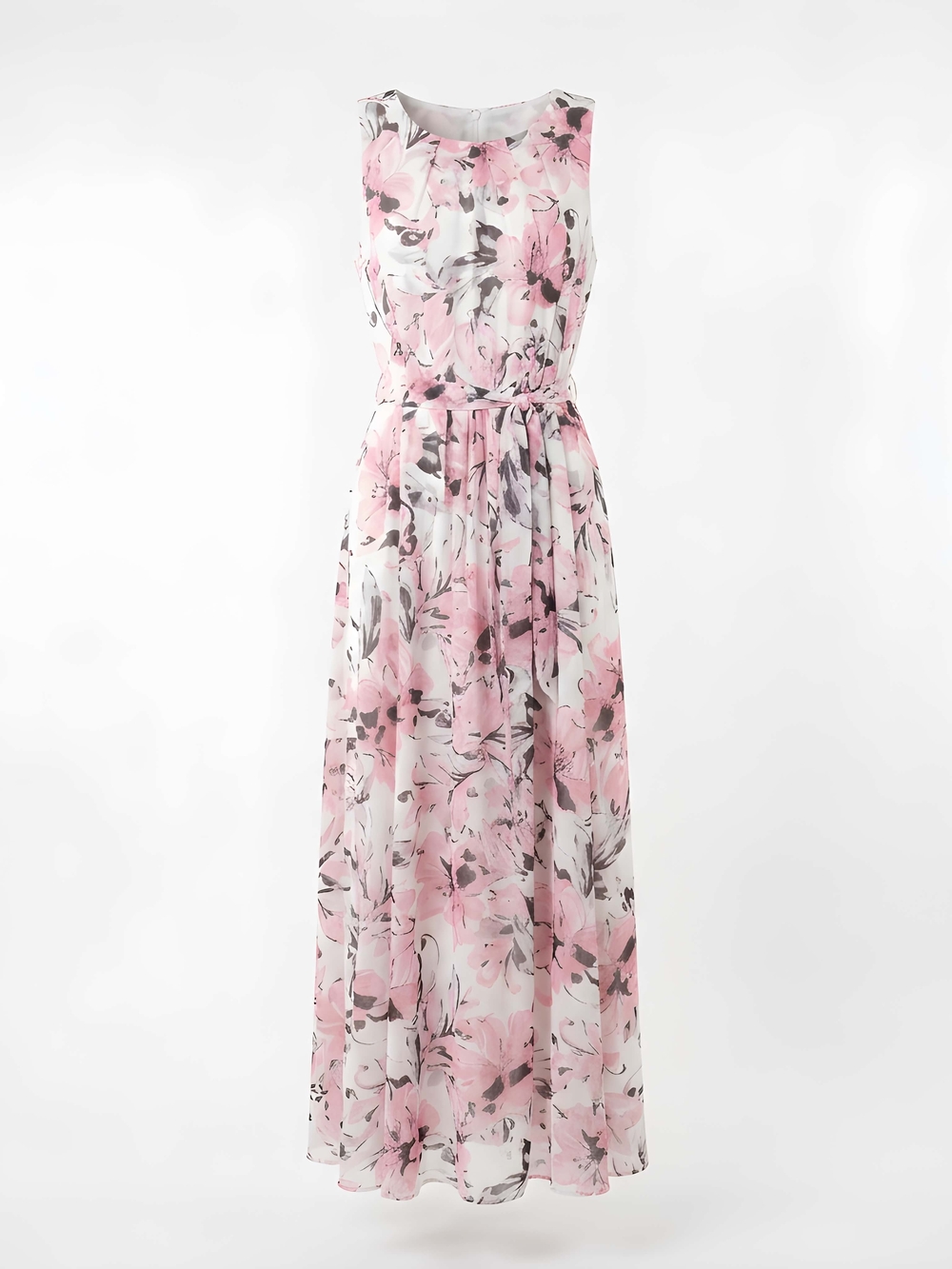 R&K Pink Floral Belted Chiffon Maxi Dress